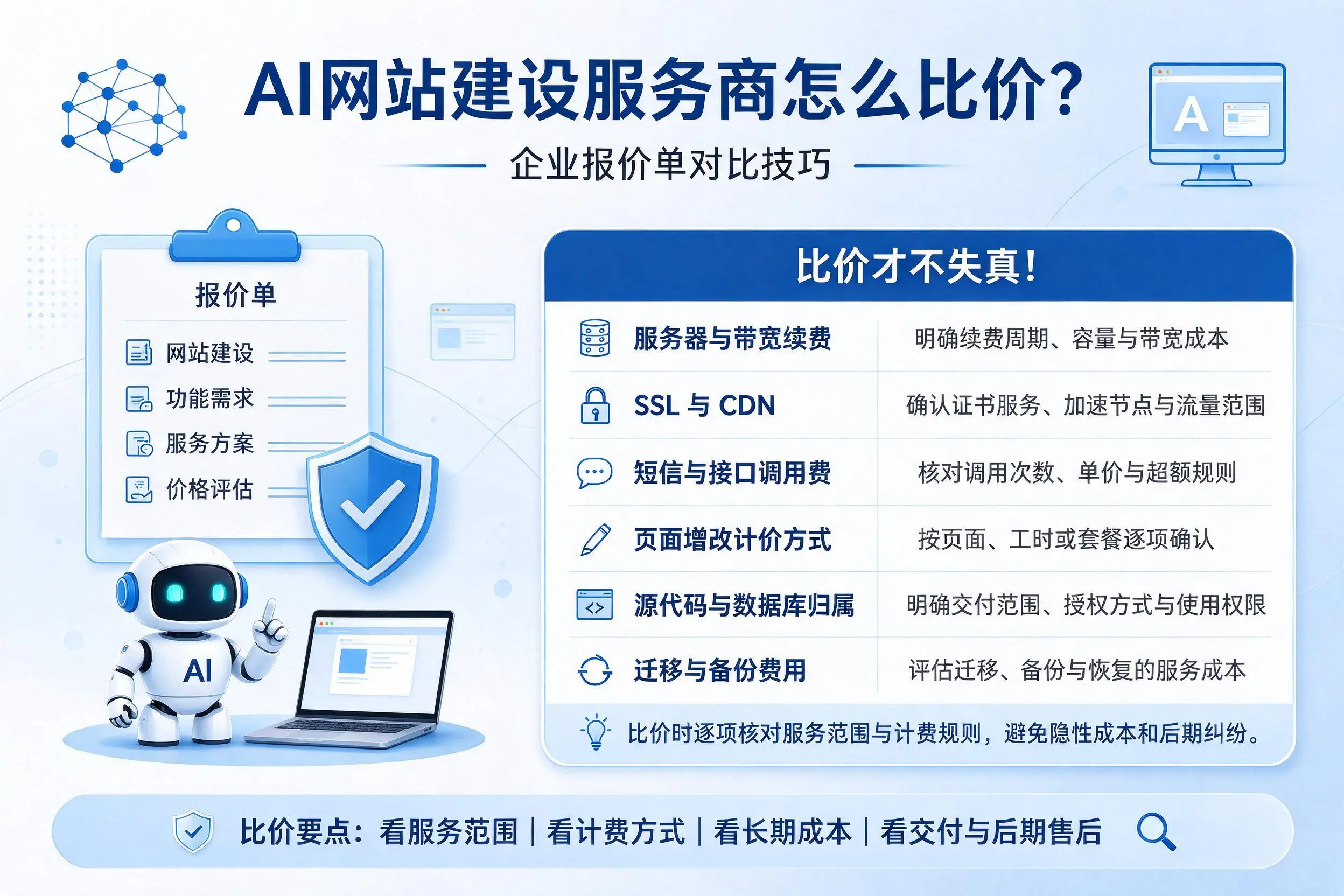 AI网站建设服务商怎么比价？杭州企业报价单对比技巧