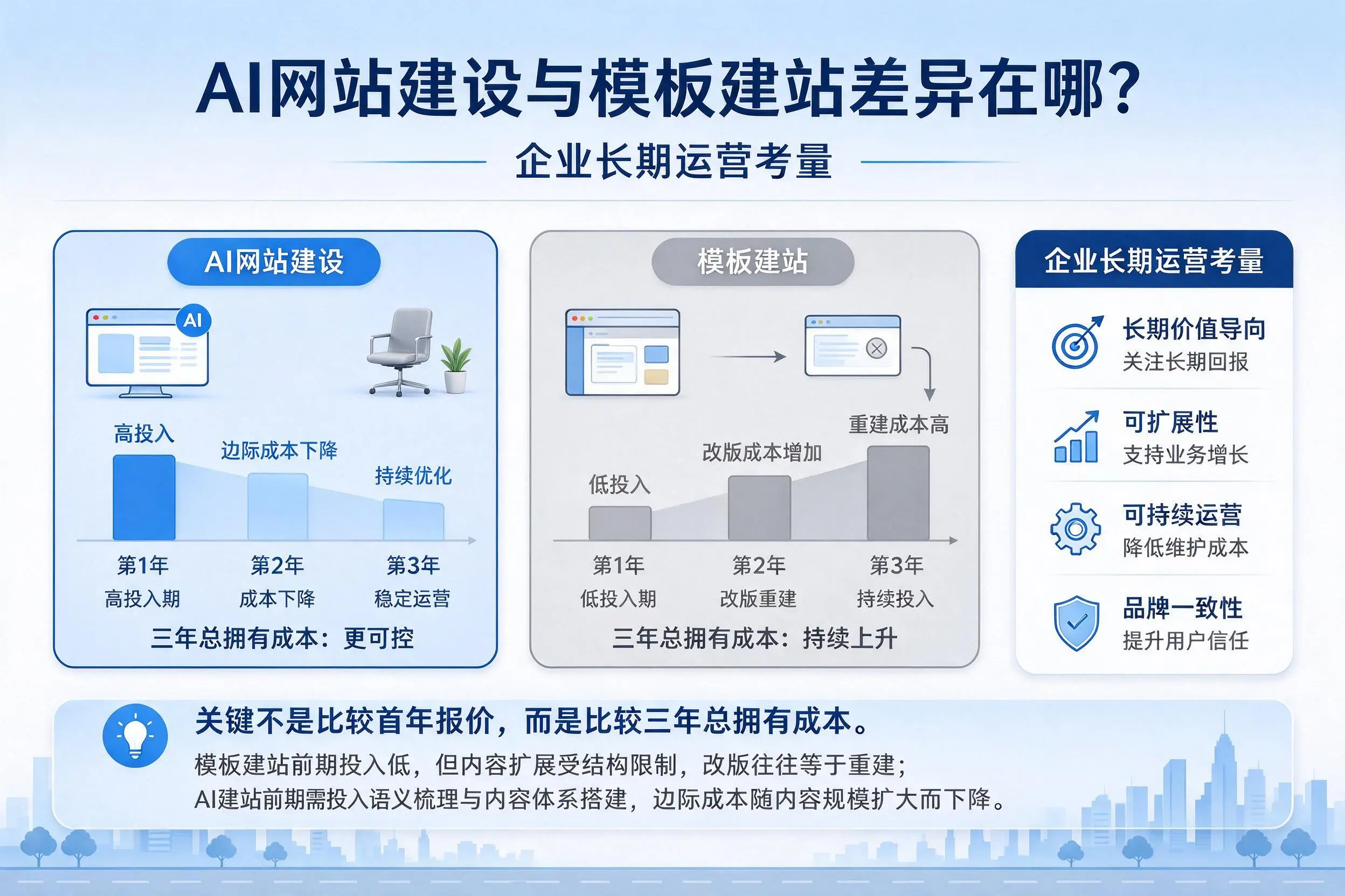 AI网站建设与模板建站差异在哪?杭州企业长期运营考量