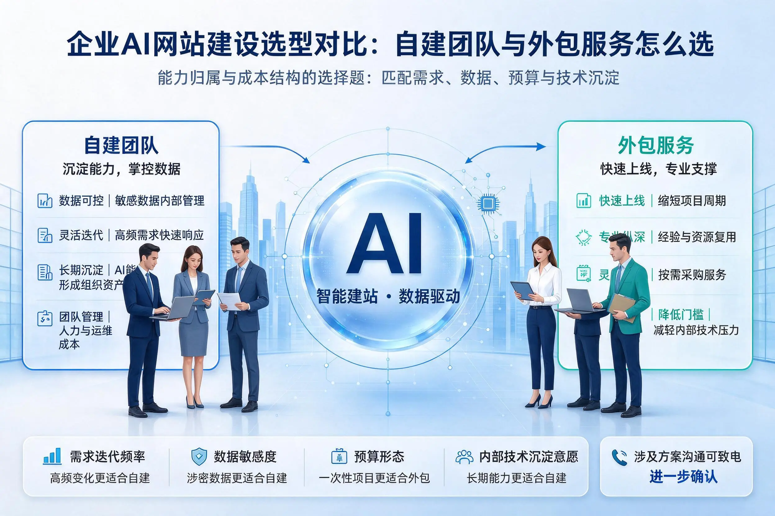 杭州企业AI网站建设选型对比：自建团队与外包服务怎么选